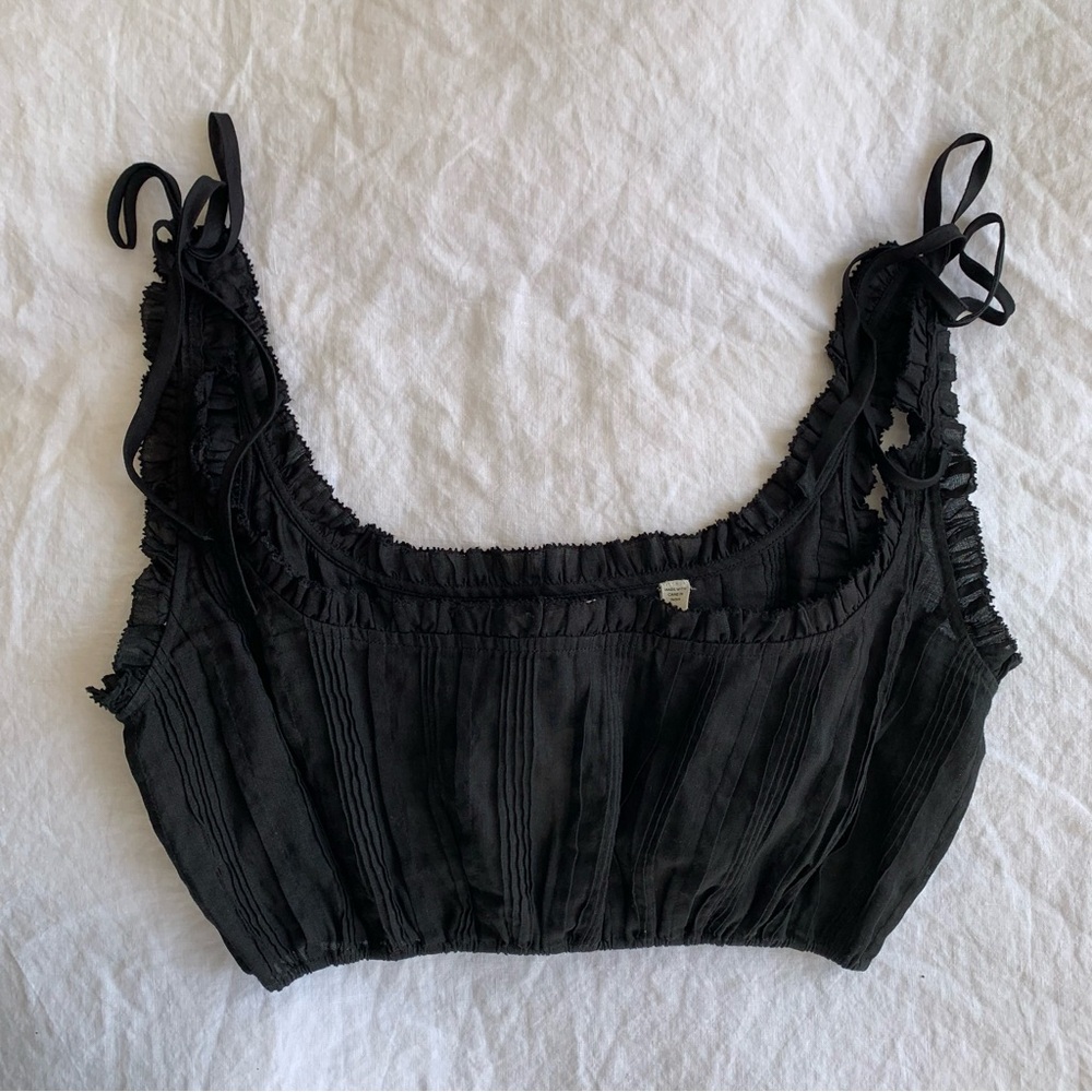 NWT Doen Renee Ramie Pintuck Ruffle Sleeveless Tie Crop Blouse Top Black - Picture 2 of 11